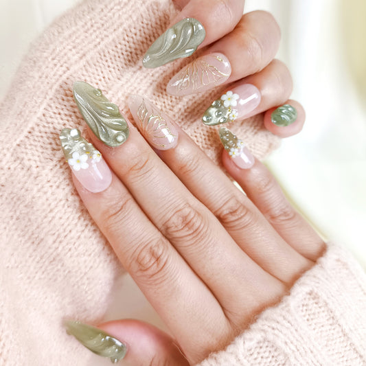 Green Cat Eye Press On Nails with 3D Flower and Butterfly Design