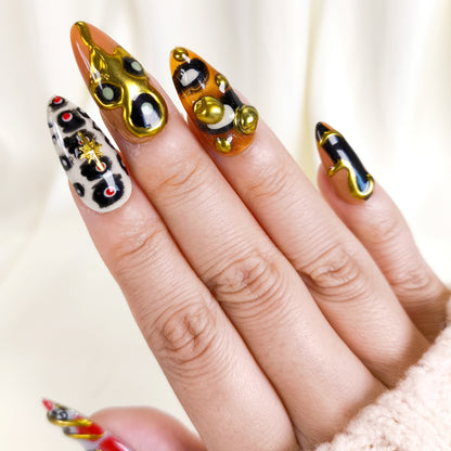 Y2K Gold Chrome Abstract Press On Nails Retro Trendy 3D Nail Art