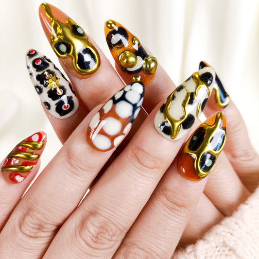 Y2K Gold Chrome Abstract Press On Nails Retro Trendy 3D Nail Art
