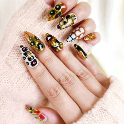 Y2K Gold Chrome Abstract Press On Nails Retro Trendy 3D Nail Art