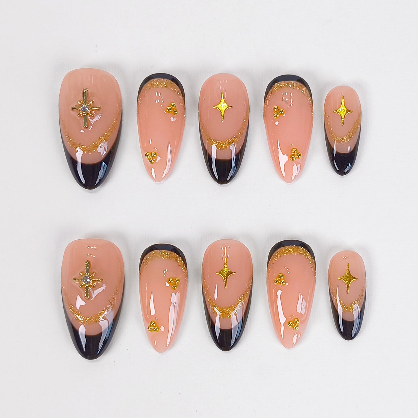 Gold charm & black french tips press on nails