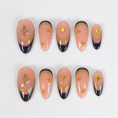 Gold charm & black french tips press on nails