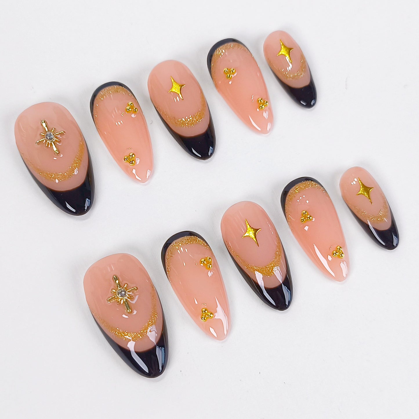 Gold charm & black french tips press on nails