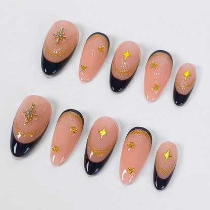 Gold charm & black french tips press on nails