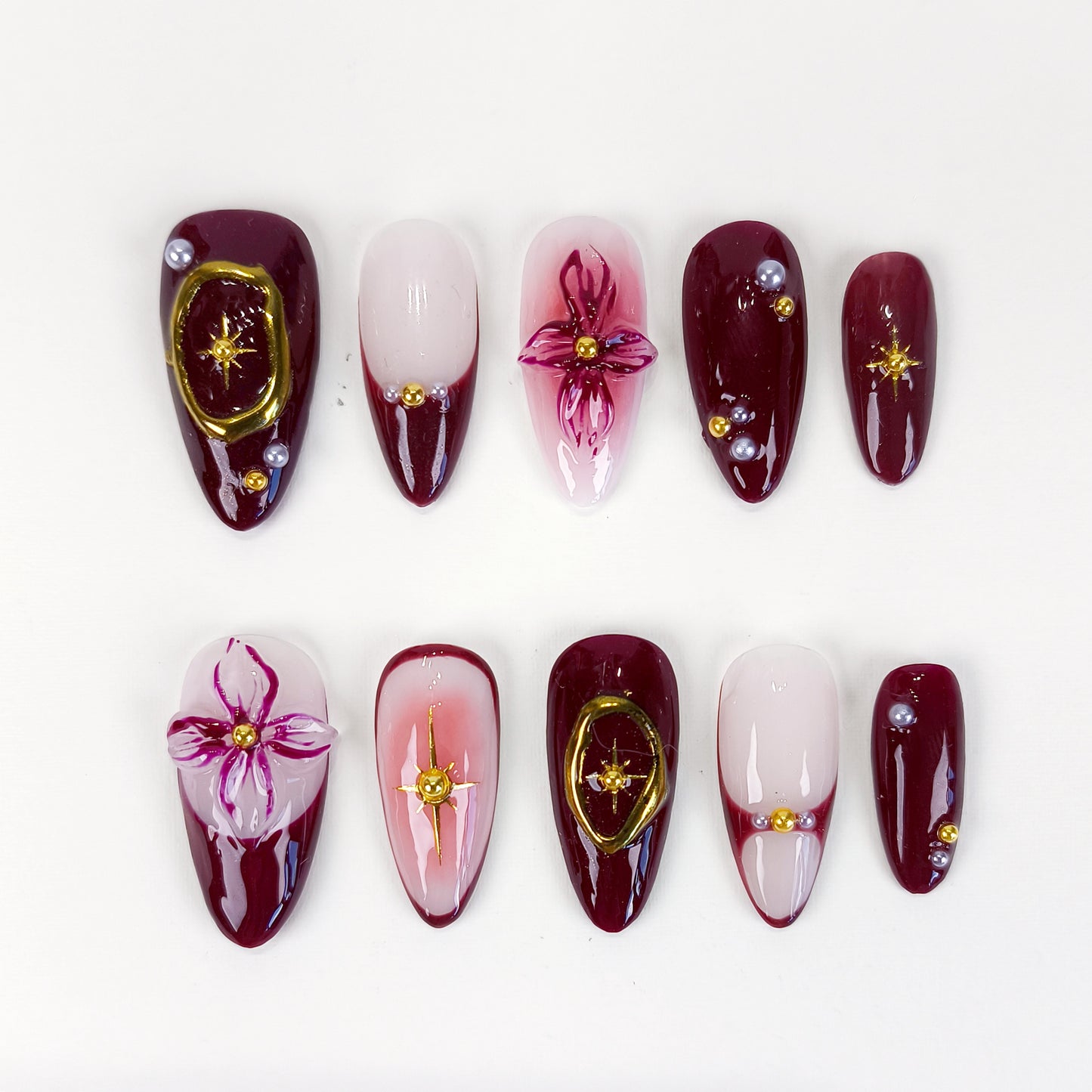 Burgundy 3D Flower & Gold Chrome Press On Nails - RTS