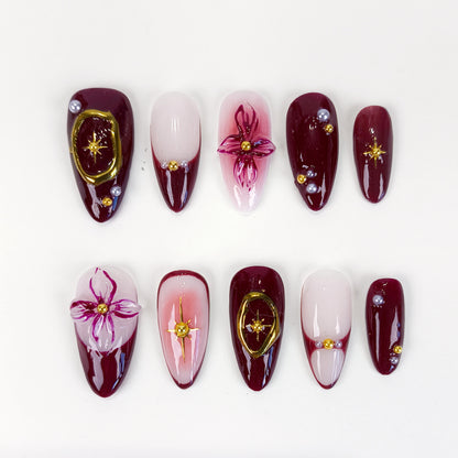 Burgundy 3D Flower & Gold Chrome Press On Nails - RTS
