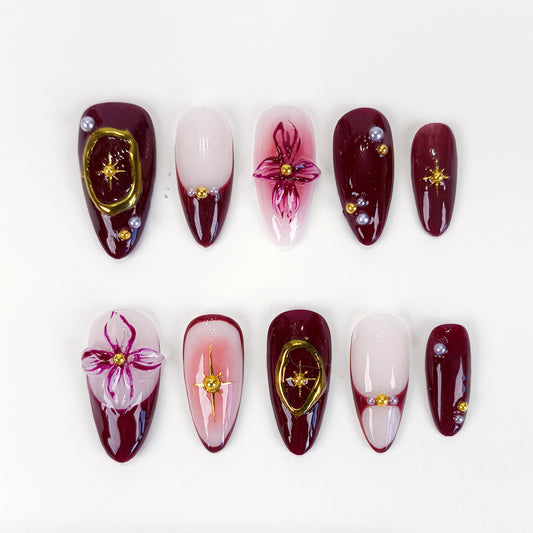 Burgundy 3D Flower & Gold Chrome Press On Nails - RTS