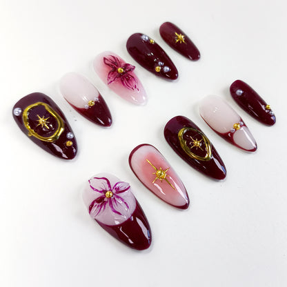 Burgundy 3D Flower & Gold Chrome Press On Nails - RTS