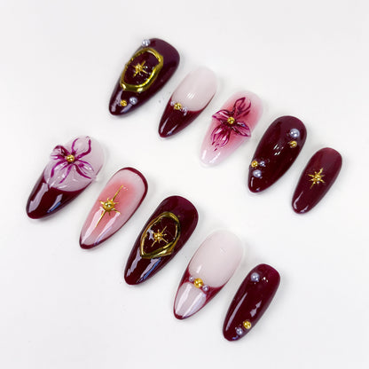 Burgundy 3D Flower & Gold Chrome Press On Nails - RTS