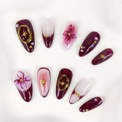 Burgundy 3D Flower & Gold Chrome Press On Nails - RTS