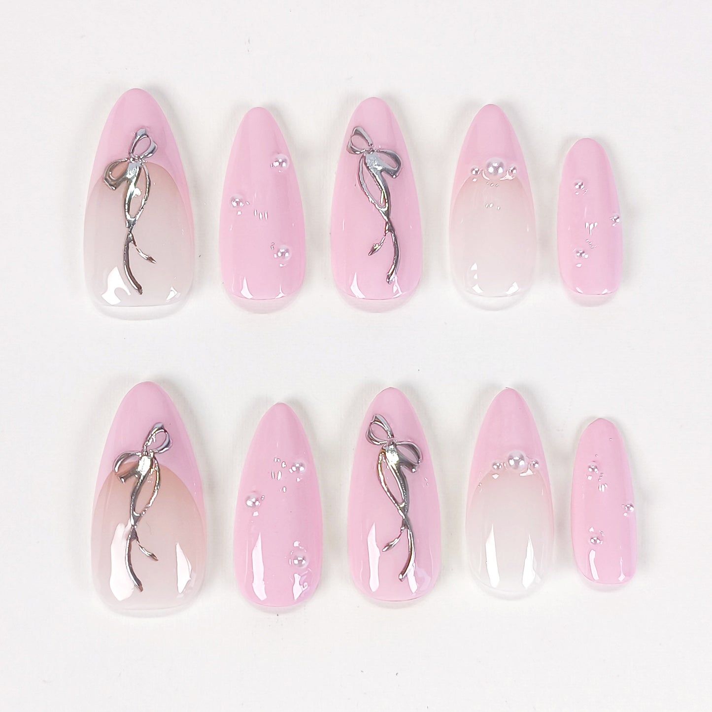Pink french tips & silver bow pearl press on nails - RTS