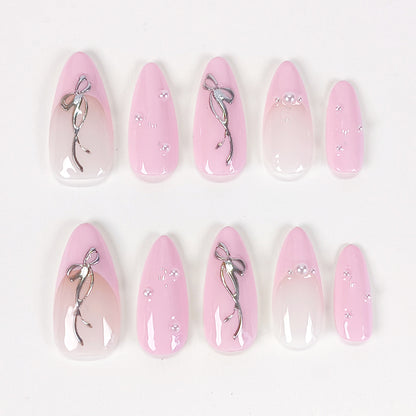 Pink french tips & silver bow pearl press on nails - RTS
