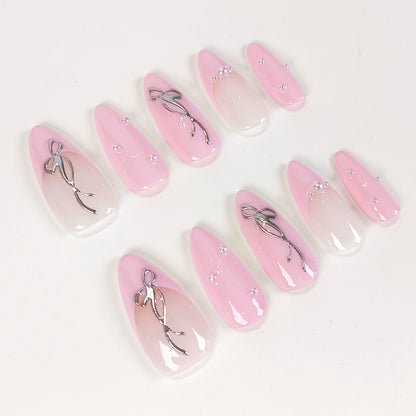 Pink french tips & silver bow pearl press on nails - RTS