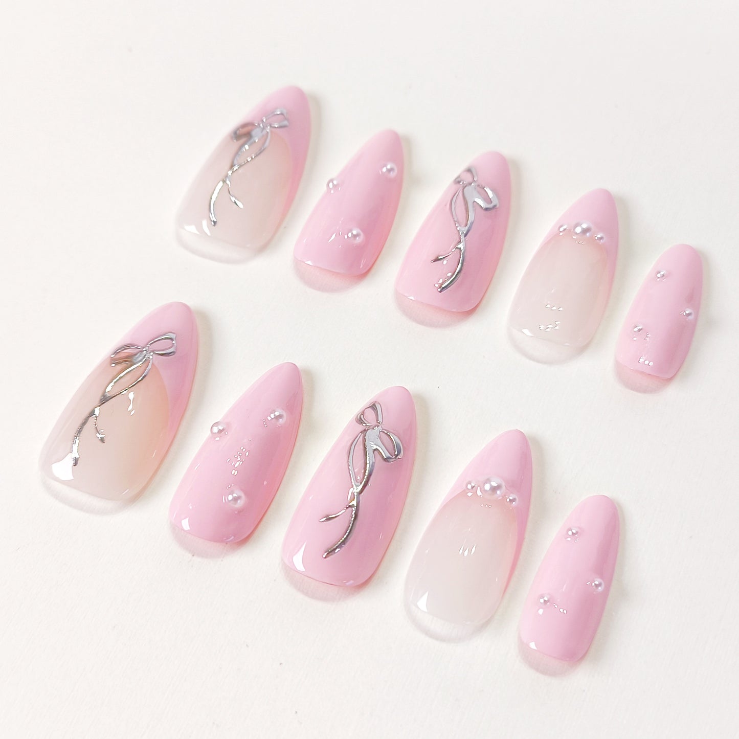 Pink french tips & silver bow pearl press on nails - RTS