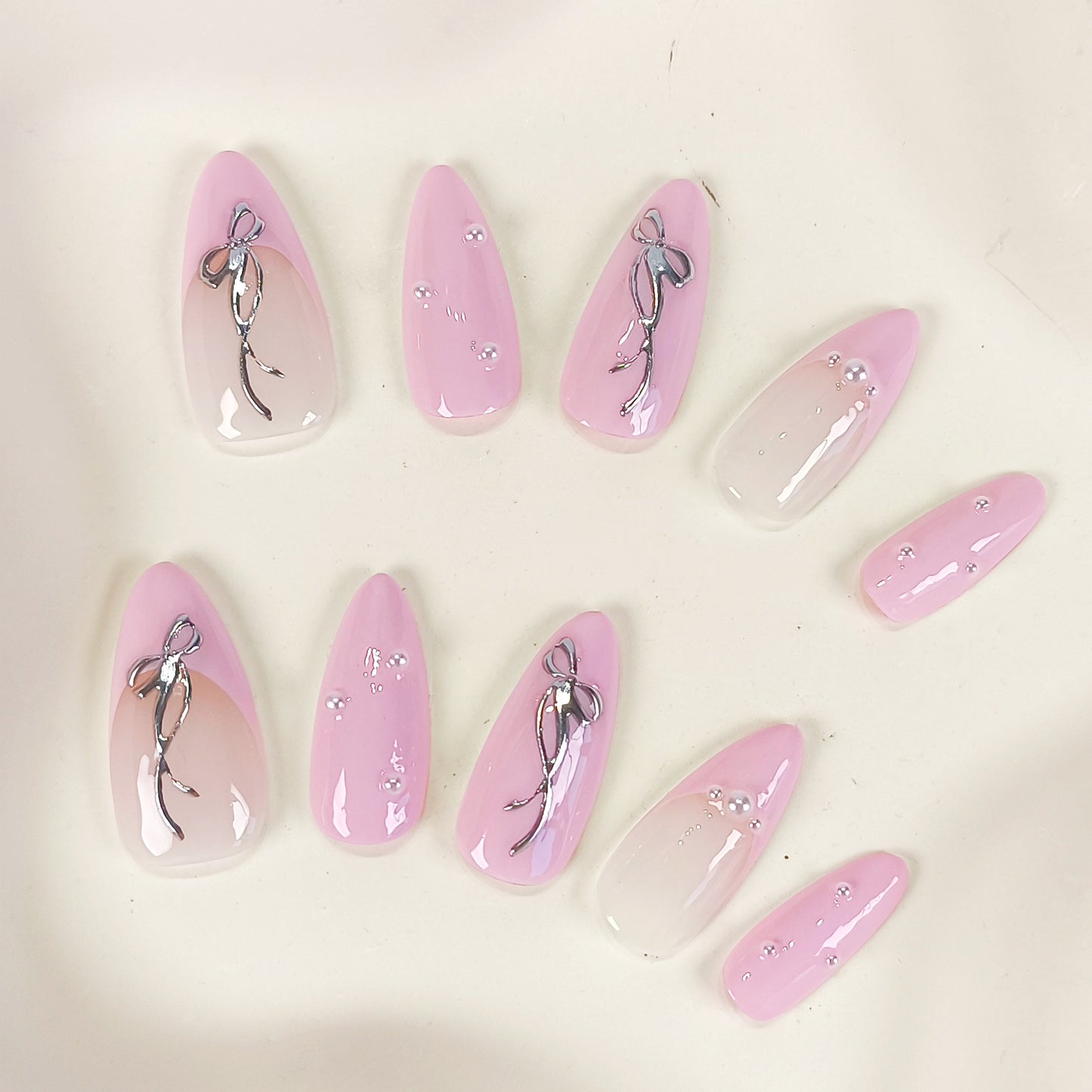 Pink french tips & silver bow pearl press on nails - RTS