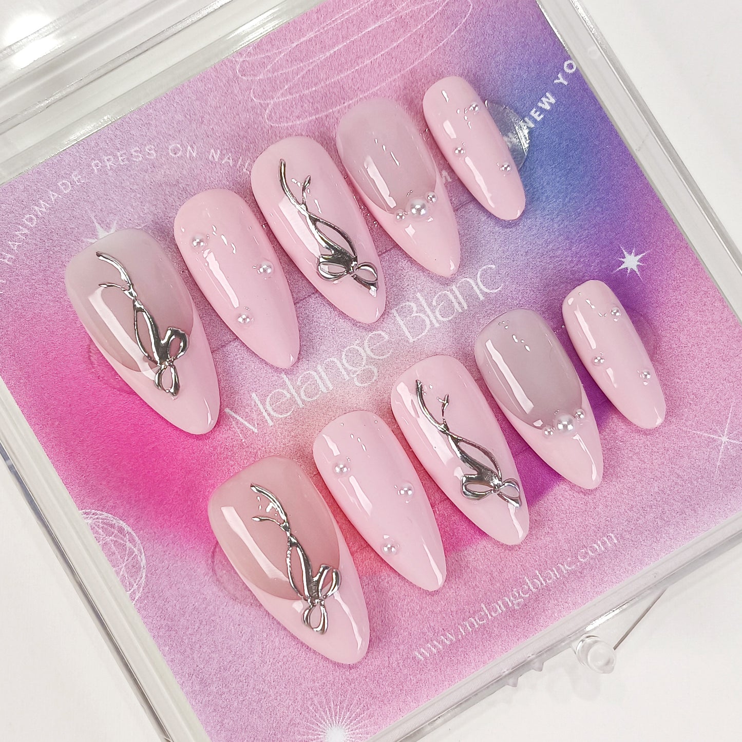 Pink french tips & silver bow pearl press on nails - RTS