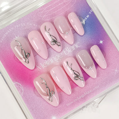 Pink french tips & silver bow pearl press on nails - RTS