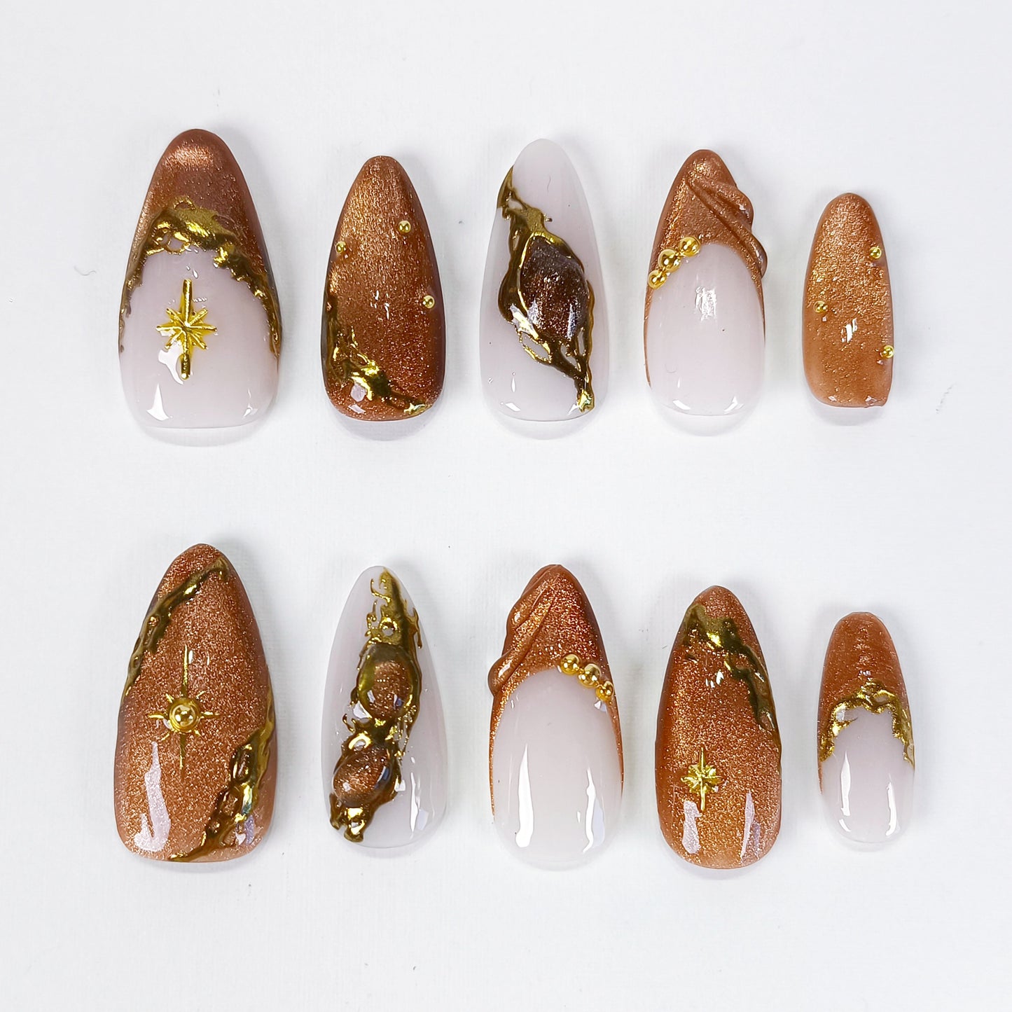 Brown cat eye gold chrome Y2K press on nails