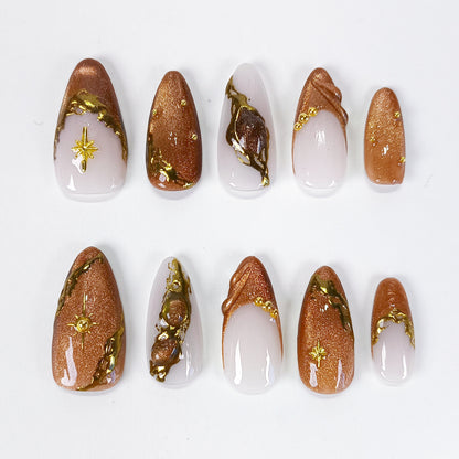 Brown cat eye gold chrome Y2K press on nails