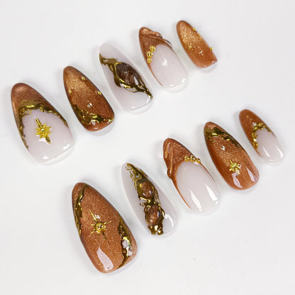 Brown cat eye gold chrome Y2K press on nails