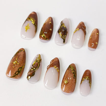 Brown cat eye gold chrome Y2K press on nails