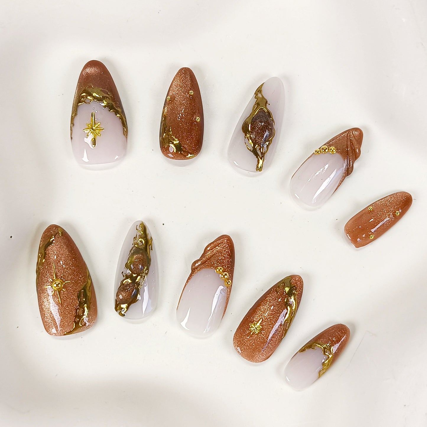 Brown cat eye gold chrome Y2K press on nails