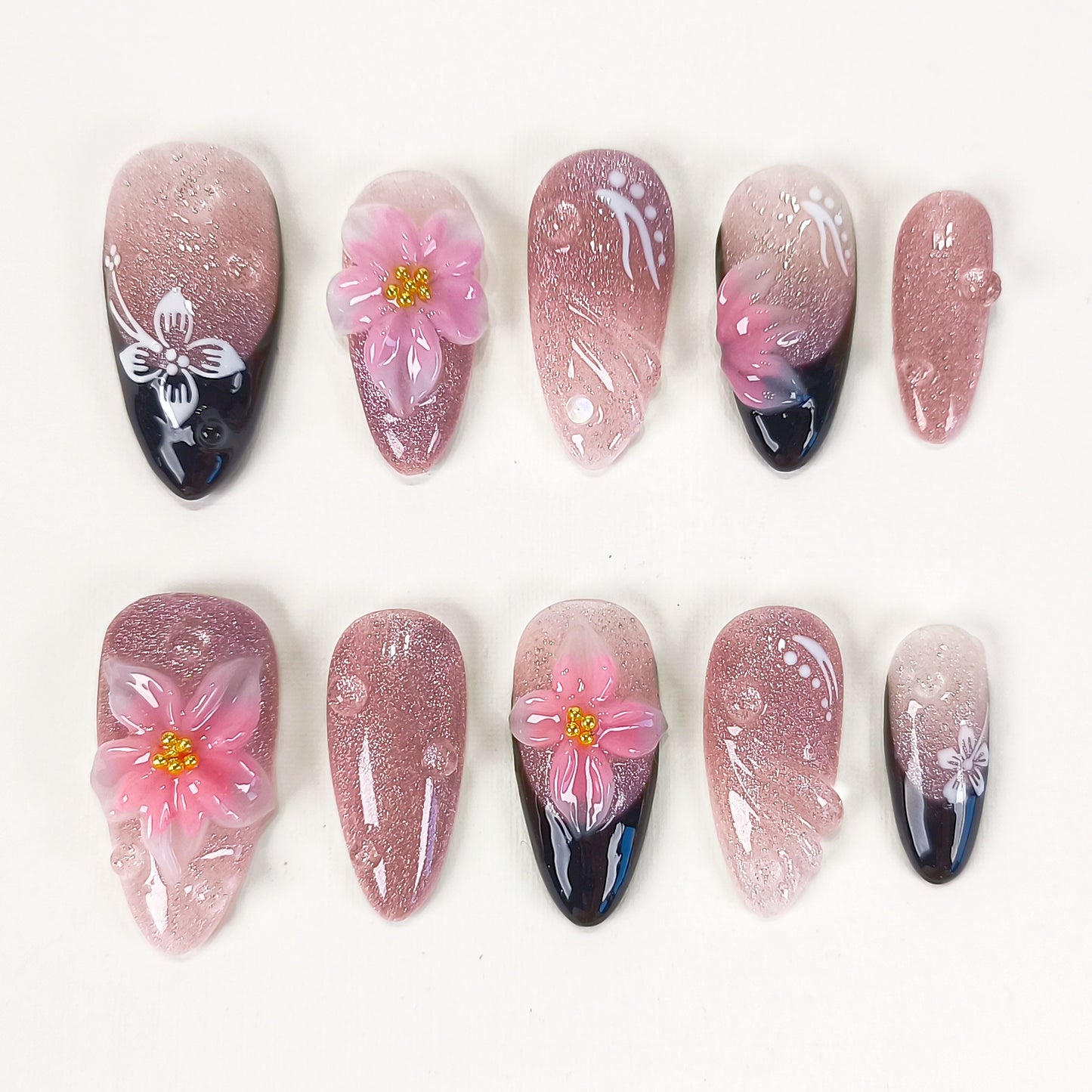 Pink cat eye 3d flower with black french tips press on nails - RTS