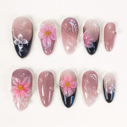Pink cat eye 3d flower with black french tips press on nails - RTS