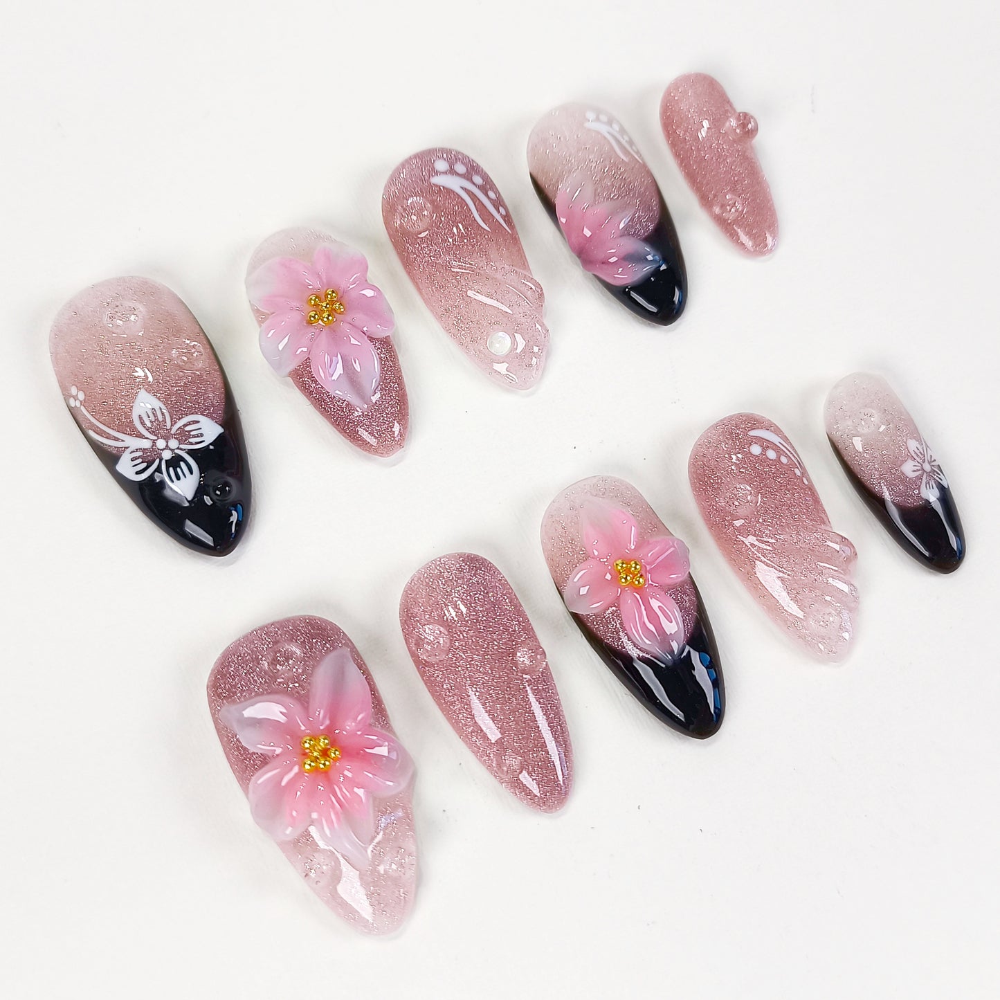 Pink cat eye 3d flower with black french tips press on nails