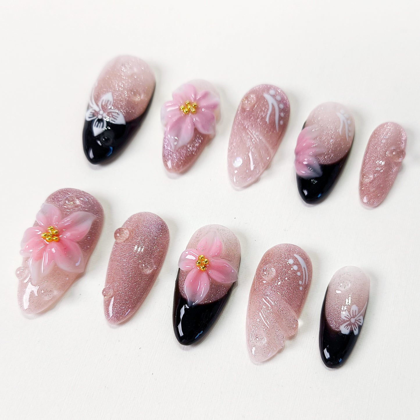 Pink cat eye 3d flower with black french tips press on nails