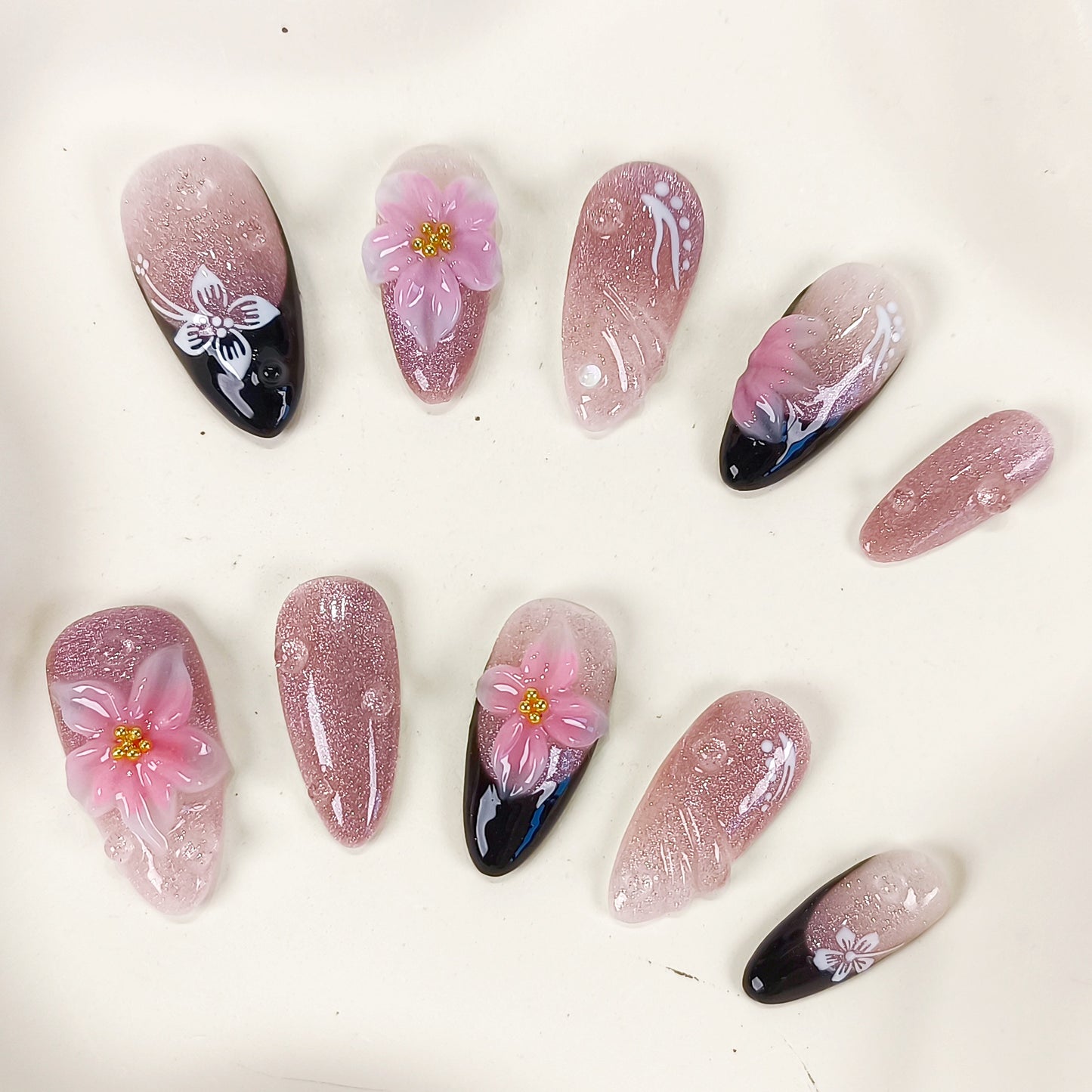Pink cat eye 3d flower with black french tips press on nails