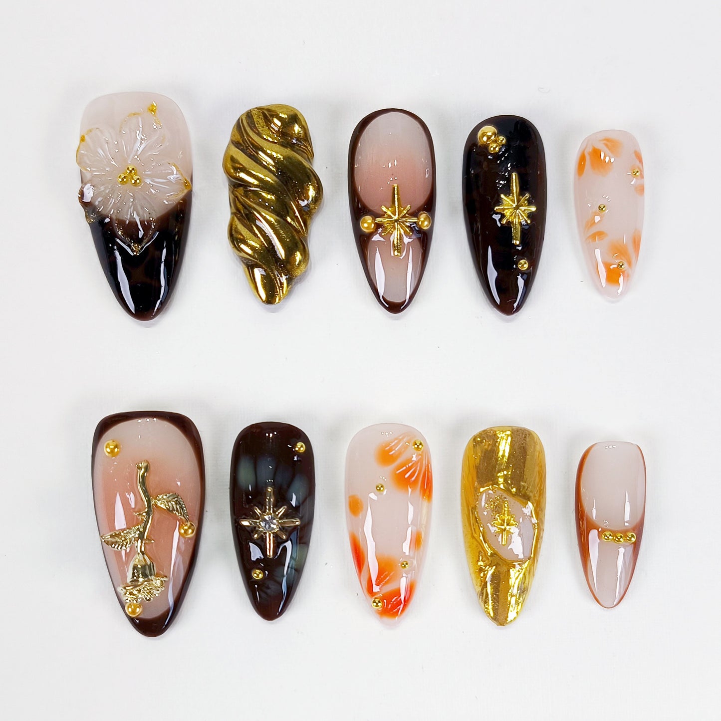 Autumn 3D flower with gold chrome press on nails - RTS