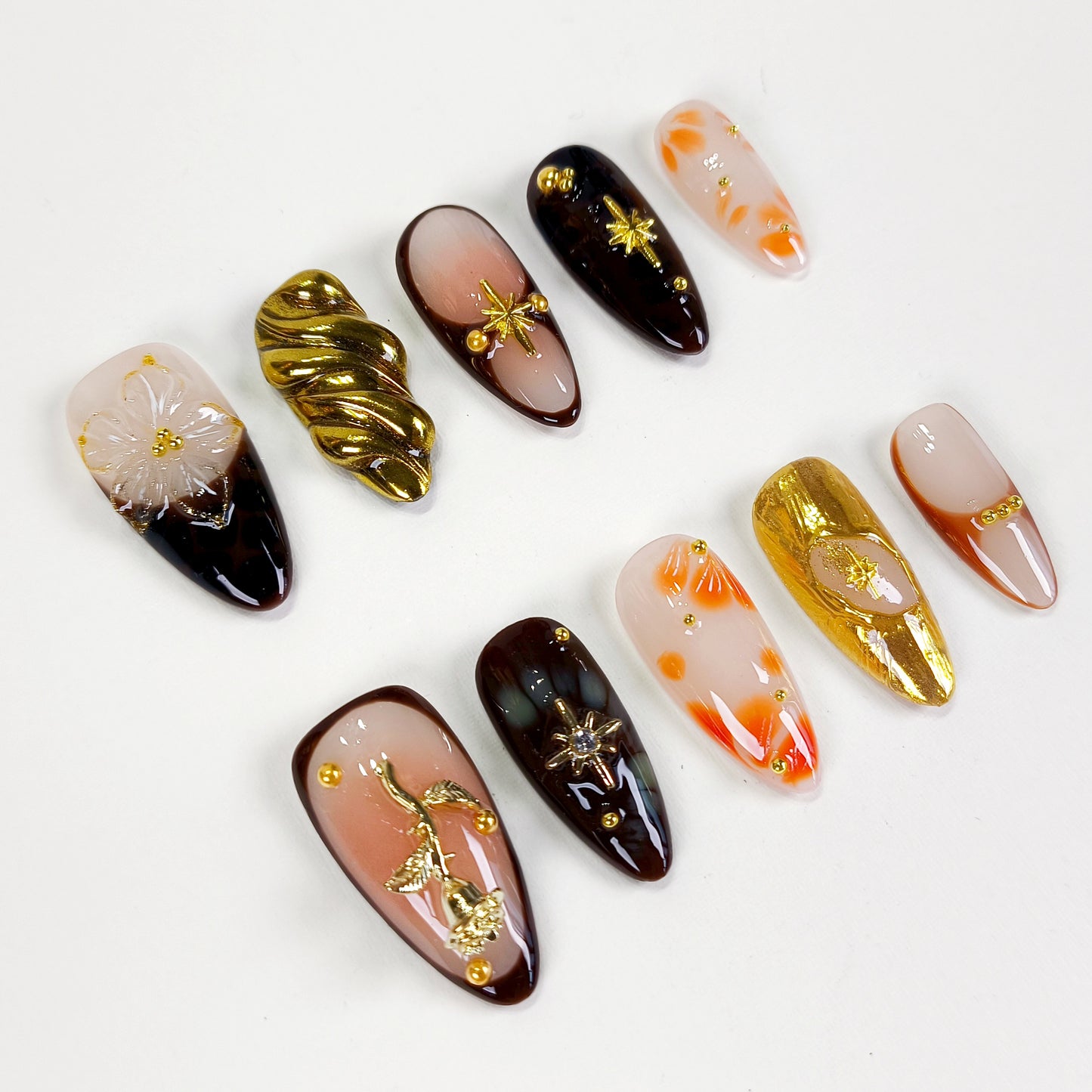 Autumn 3D flower with gold chrome press on nails - RTS