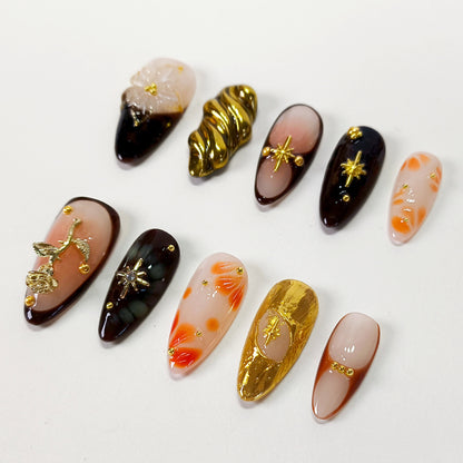 Autumn 3D flower with gold chrome press on nails - RTS