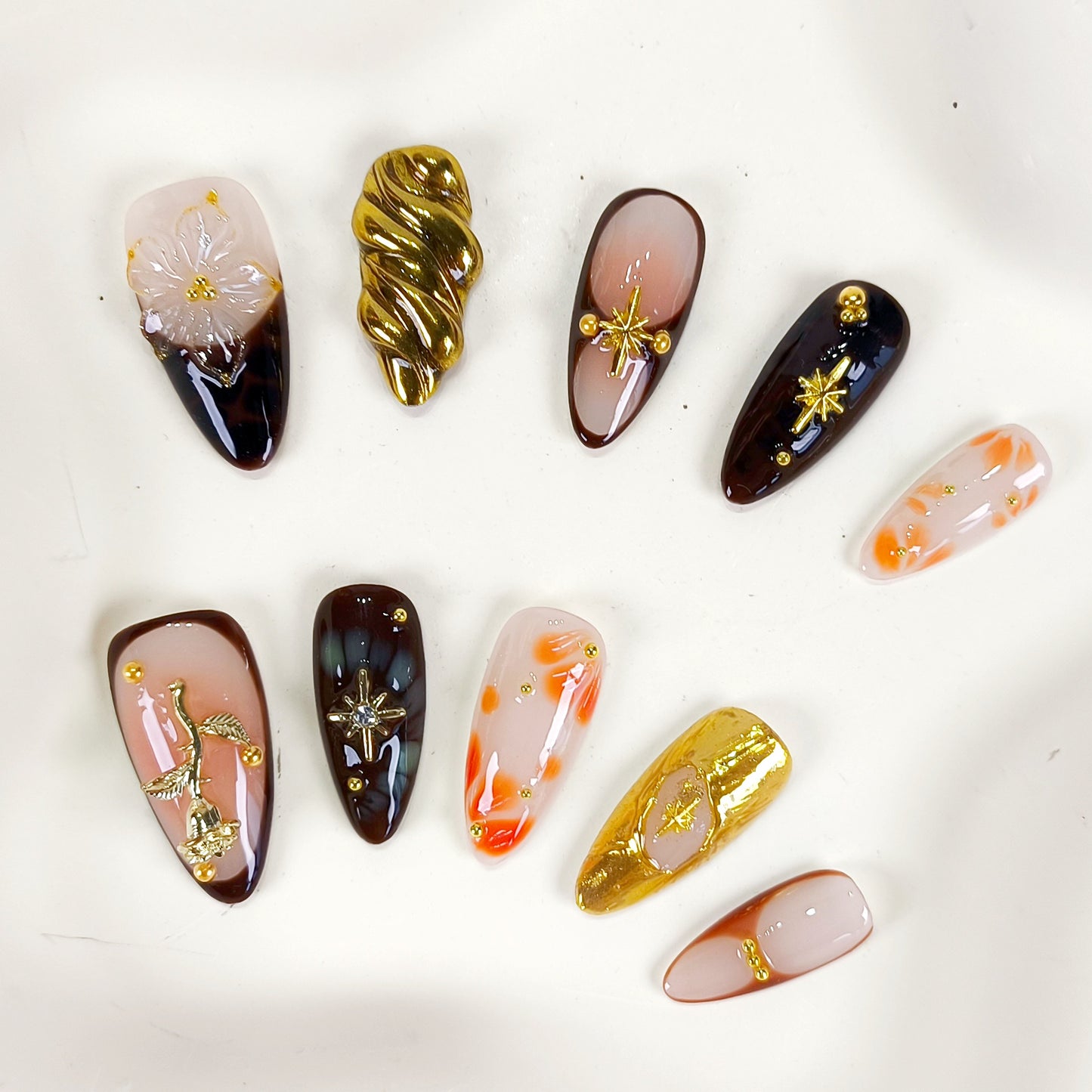 Autumn 3D flower with gold chrome press on nails - RTS