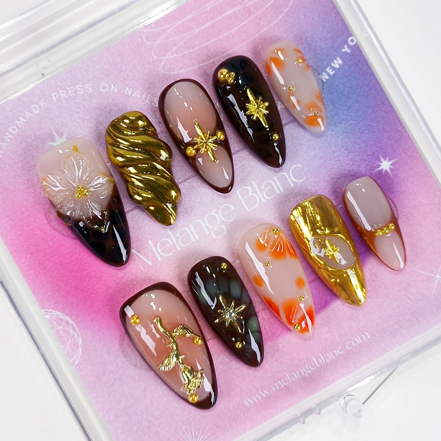 Autumn 3D flower with gold chrome press on nails - RTS