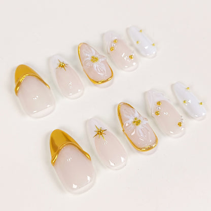 White french tip flower & gold chrome press on nails - RTS