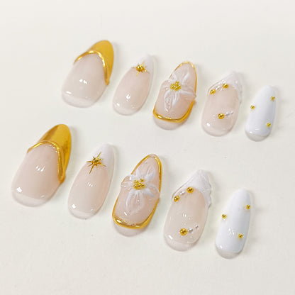 White french tip flower & gold chrome press on nails - RTS