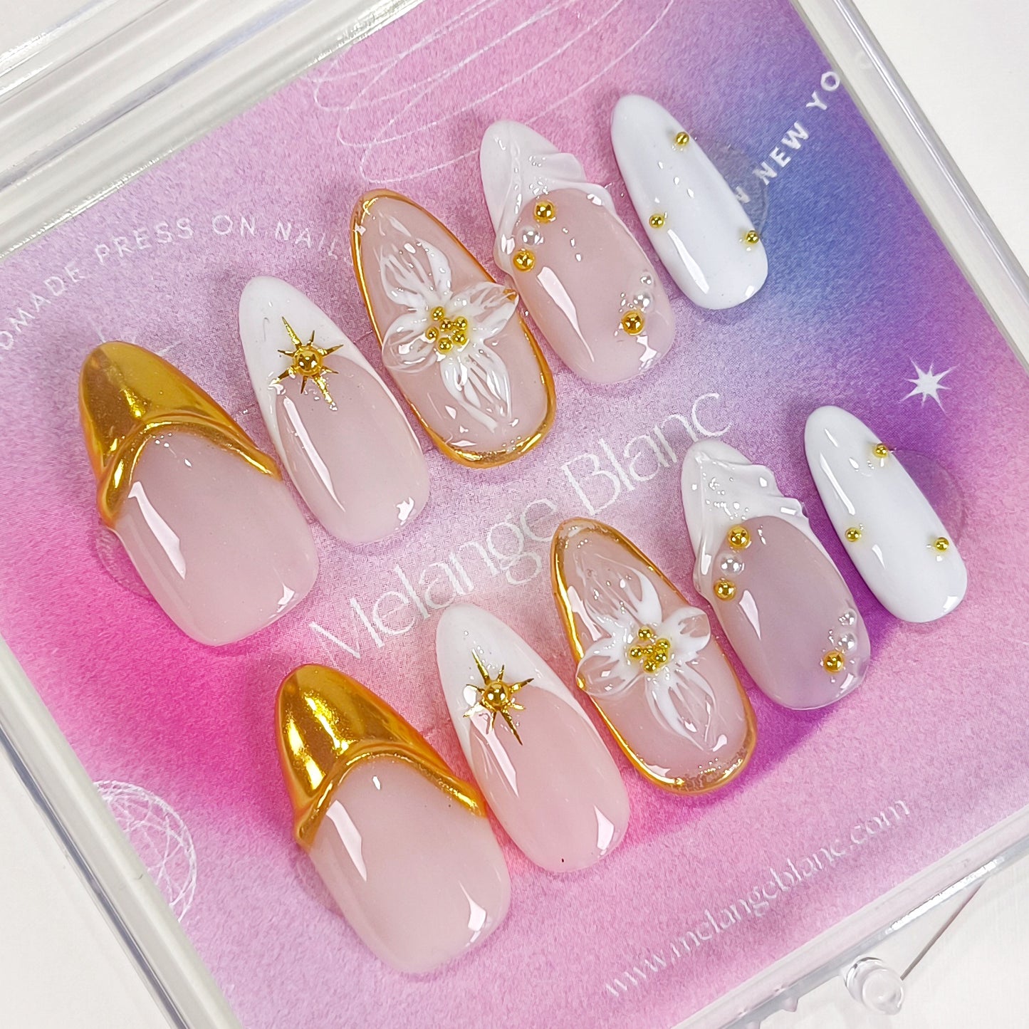 White french tip flower & gold chrome press on nails - RTS