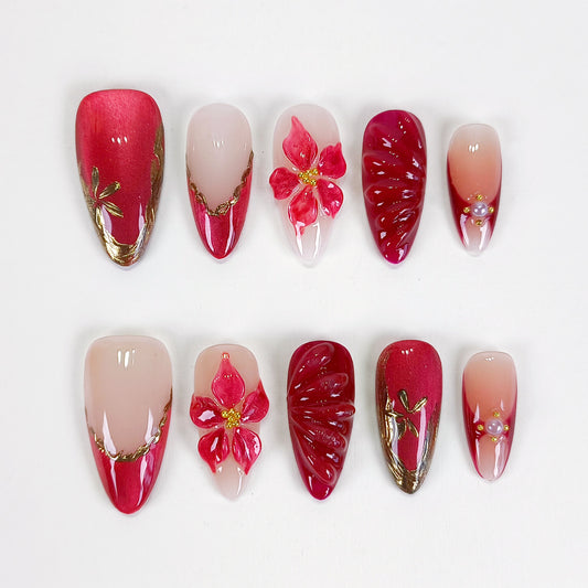 Red flower cat eye chrome press on nails