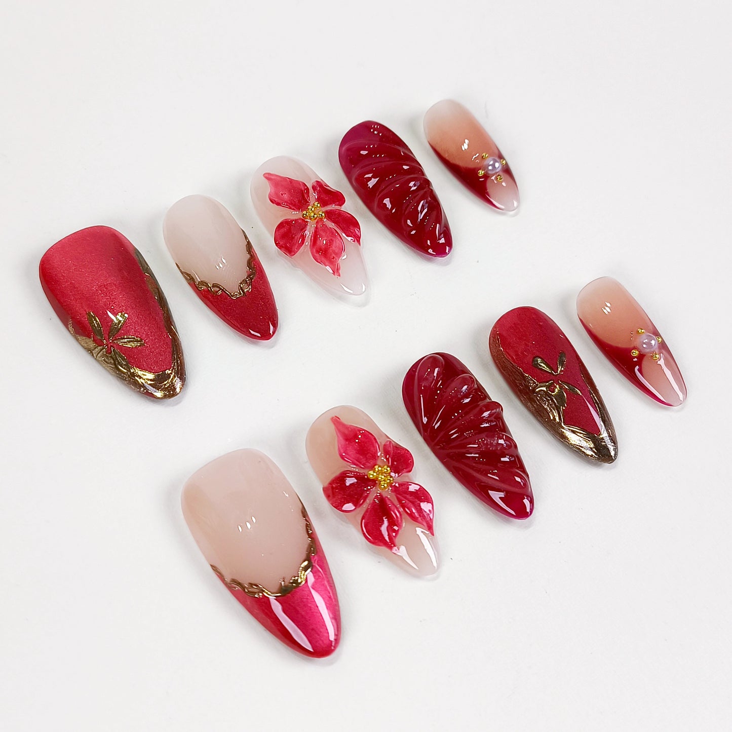 Red flower cat eye chrome press on nails