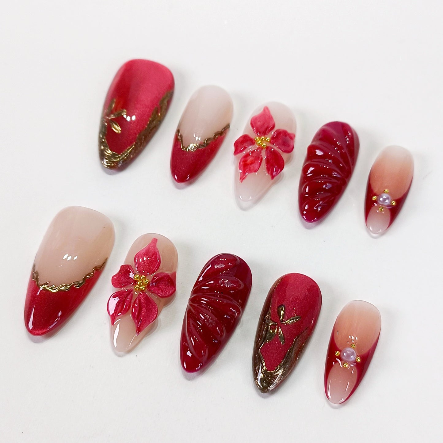 Red flower cat eye chrome press on nails