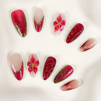 Red flower cat eye chrome press on nails