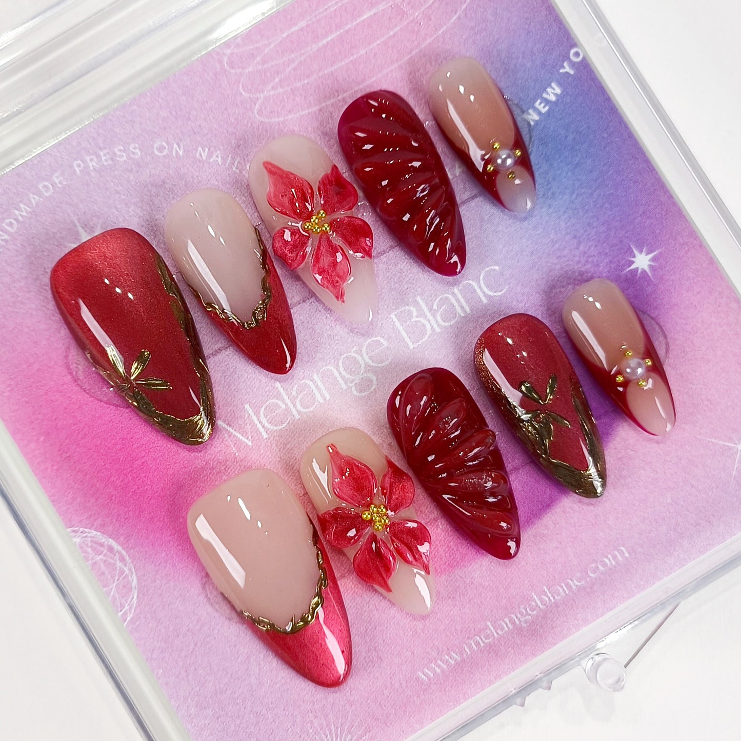 Red flower cat eye chrome press on nails
