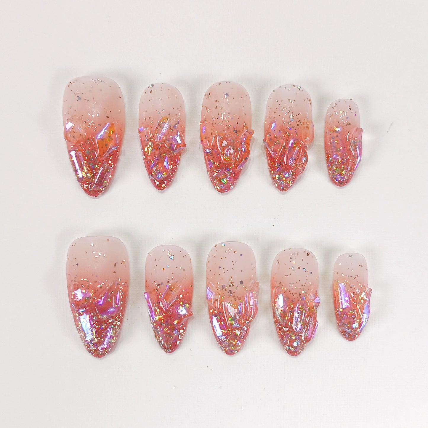 Red ombre tips & glitter crystal aurora press on nails