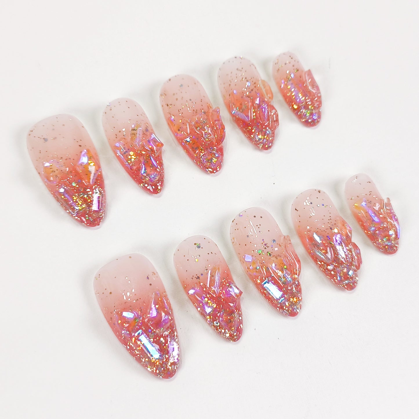 Red ombre tips & glitter crystal aurora press on nails