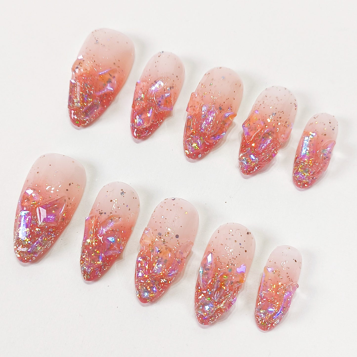 Red ombre tips & glitter crystal aurora press on nails