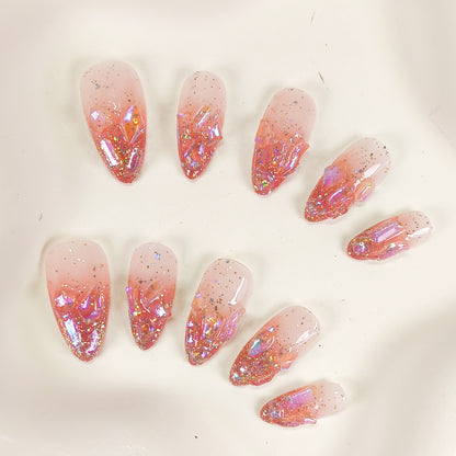 Red ombre tips & glitter crystal aurora almond press on nails - RTS