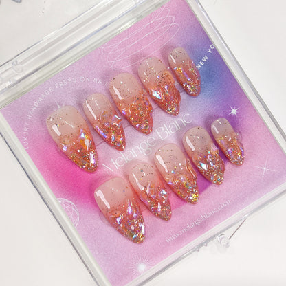 Red ombre tips & glitter crystal aurora press on nails