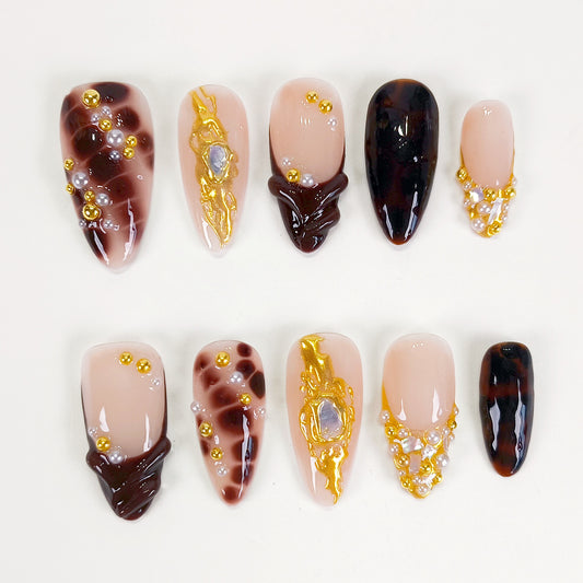 Fall amber gold chrome 3d brown press on nails